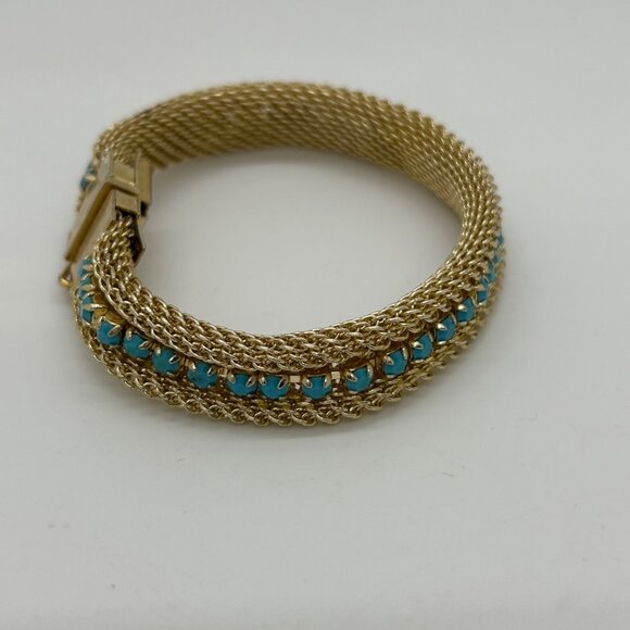 Vintage Gold-Tone Mesh Bracelet Faux Turquoise Stones Secure Clasp 1970s - Picture 3 of 16